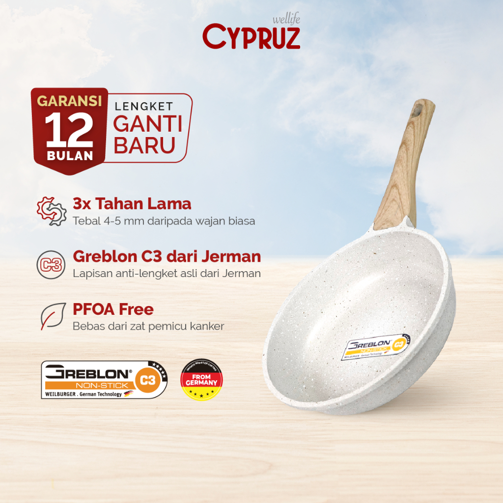 Cypruz Wajan Penggorengan Anti Lengket Fry Pan White Granite Diecast