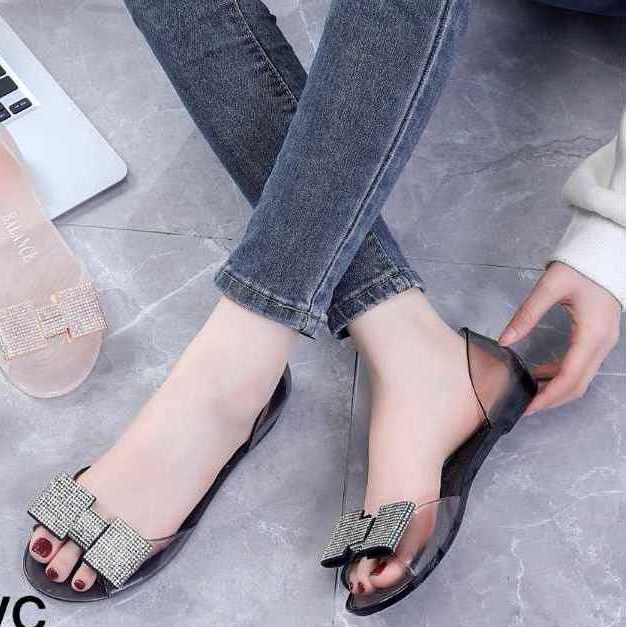 Sandal selop bermotif pita kotak jelly 186-Y (36-39) Sandal selop kaca pita import wanita termurah