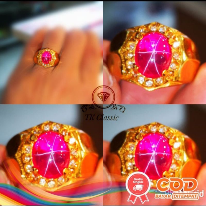 Cincin Pria Batu Permata Merah Siem Delima Star Tajam Bangkok 9,25 Kekerasan Mohs