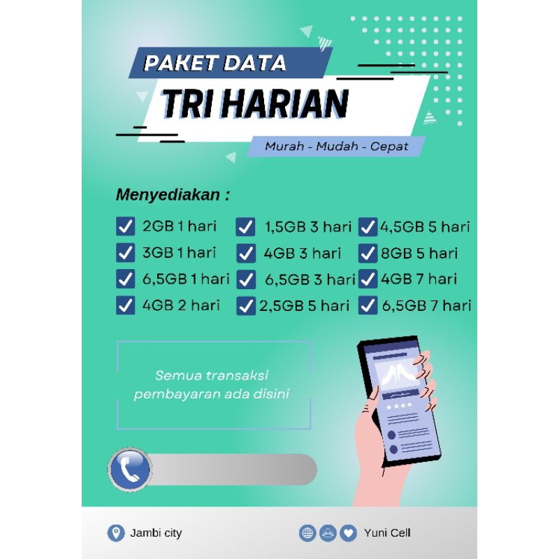 Paket Data Tri (3) Murah, harian 1-7 hari, kuota tembak Tri Murah