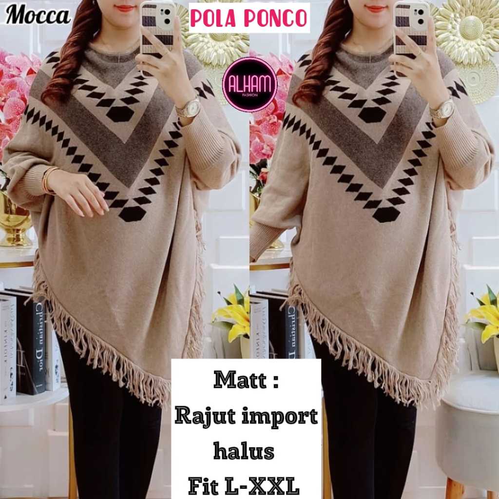 Pola Ponco Alham Atasan Sweater Rajut Wanita Ld 110 - 120 Jumbo XXXL Motif Kekinian Korea Terbaru