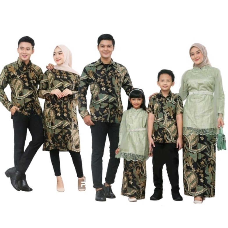 Baju Couple Kebaya batik Keluarga warna hijau sage Set Pakaian Sarimbit Brokat Seragam Big Size Jumbo Ibu bapak anak cowok cewek Moder nuntuk pesta kondangan lebaran 223 ART V1K5