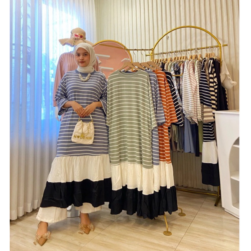 Midi Dress Salur Tunik salur kombinasi