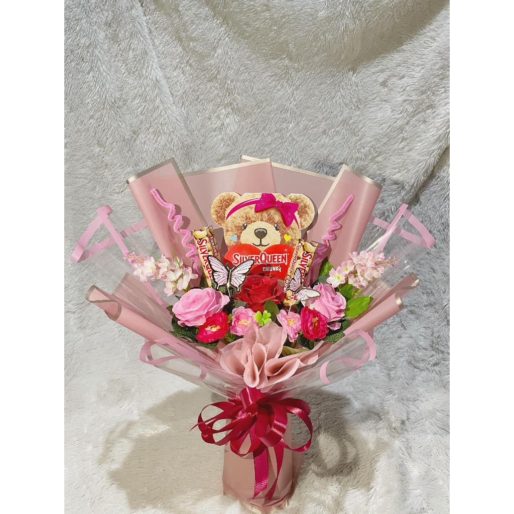 Buket bunga coklat beruang silverqueen bunga artificial hadiah valentine kado  valentine gift anniversarry