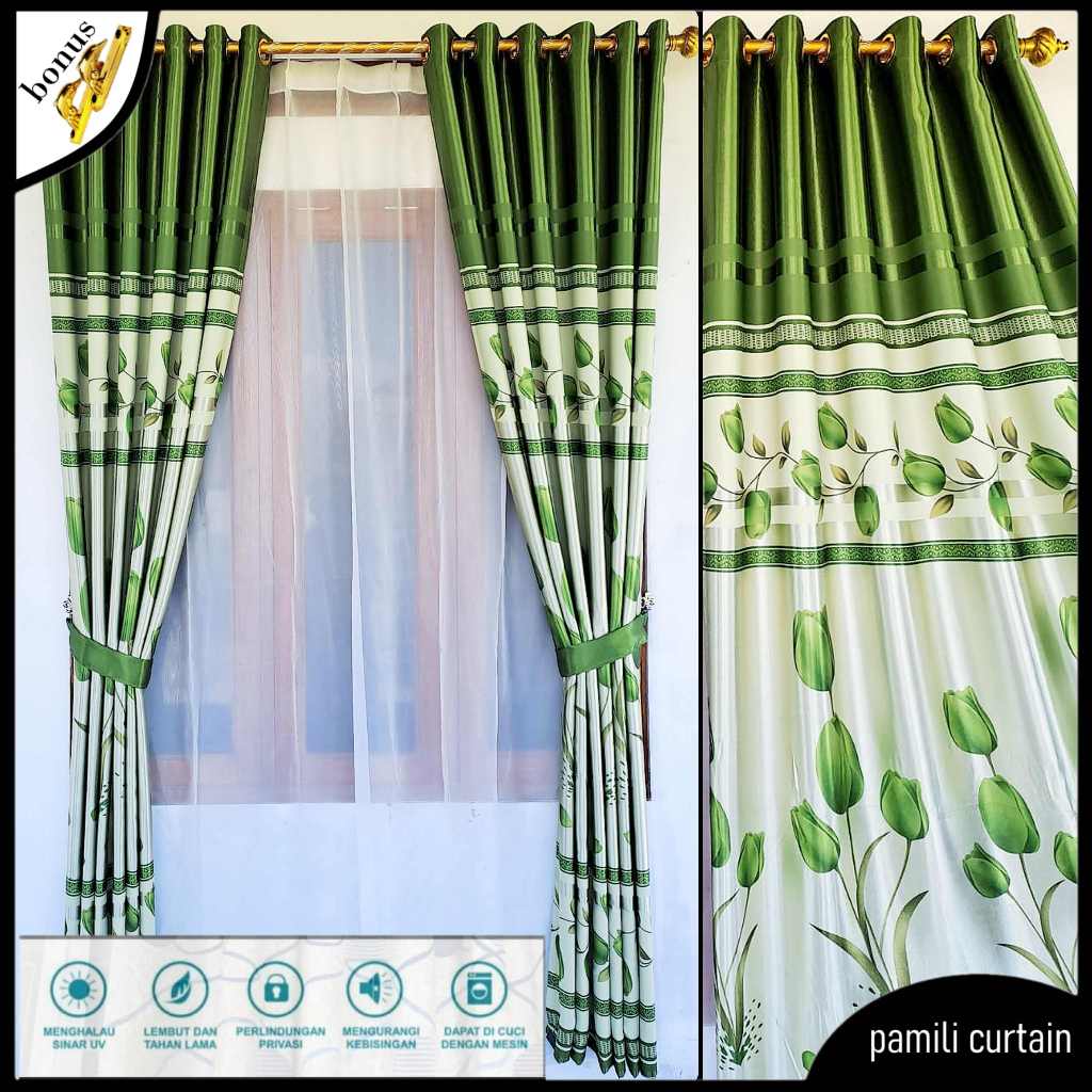 Gorden Jendela Panjang 250cm Motif Bunga Tulip 9 Gelombang Warna Hijau Ungu Coklat