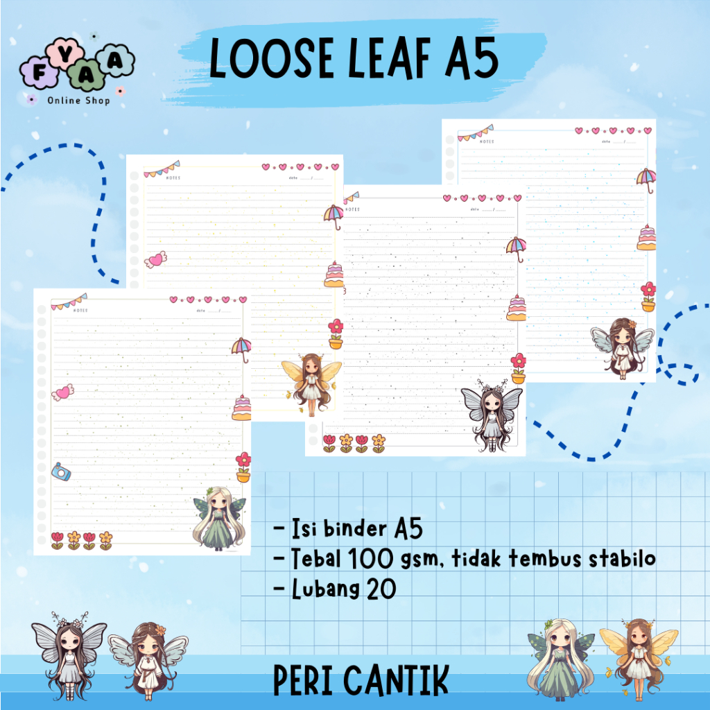 

KERTAS LOOSE LEAF ISI BINDER REFILL NOTEBOOK A5 KARAKTER PERI CANTIK- 100 GSM