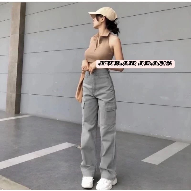 Celana Cargo Jeans Wanita Highwaist Panjang - Jeans Cargo Highwaist Panjang Wanita