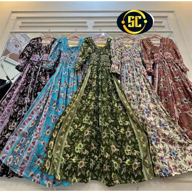 DRESS SMOKE TALI IKAT DADA BALI FLOWERS/GAUN WANITA IMPORT