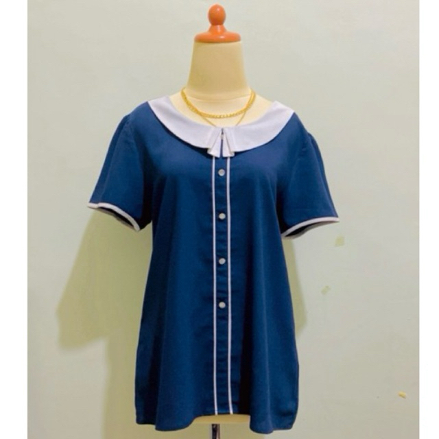 Atasan wanita blouse blus vintage lengan balon kerah sailor peterpan collar bahan polyester motif po
