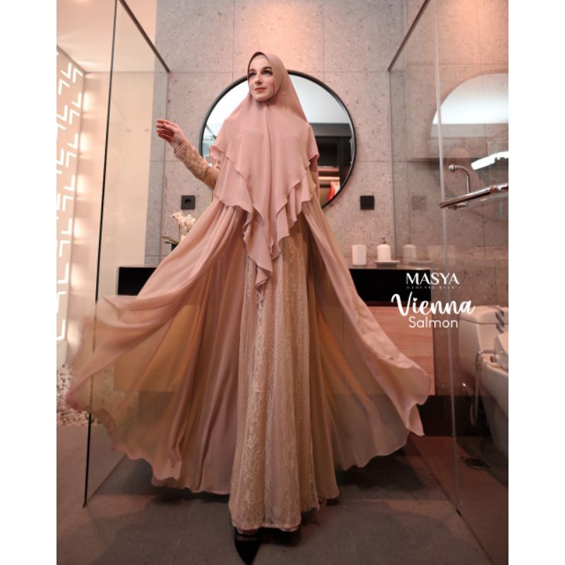 Set Gamis Dress Ceruty Babydoll Brukat Brokat Chantily Premium Syari Branded Khaki - Putih Tulang - 