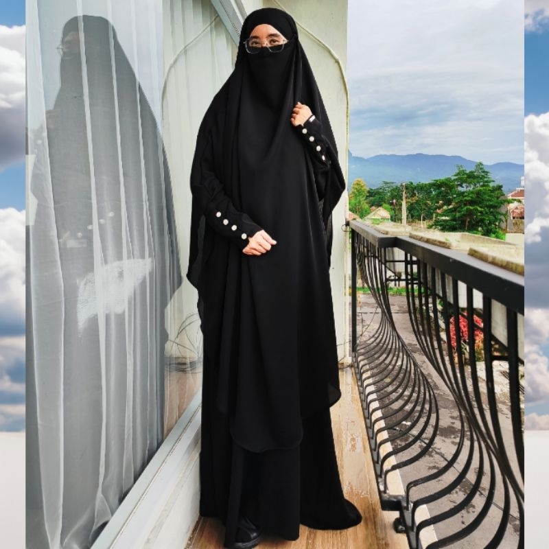 GAMIS Abaya Veloxa Bahan Sultan Fursan Set French Khimar Wanita Muslim Syari Dress Hitam Jetblack FK