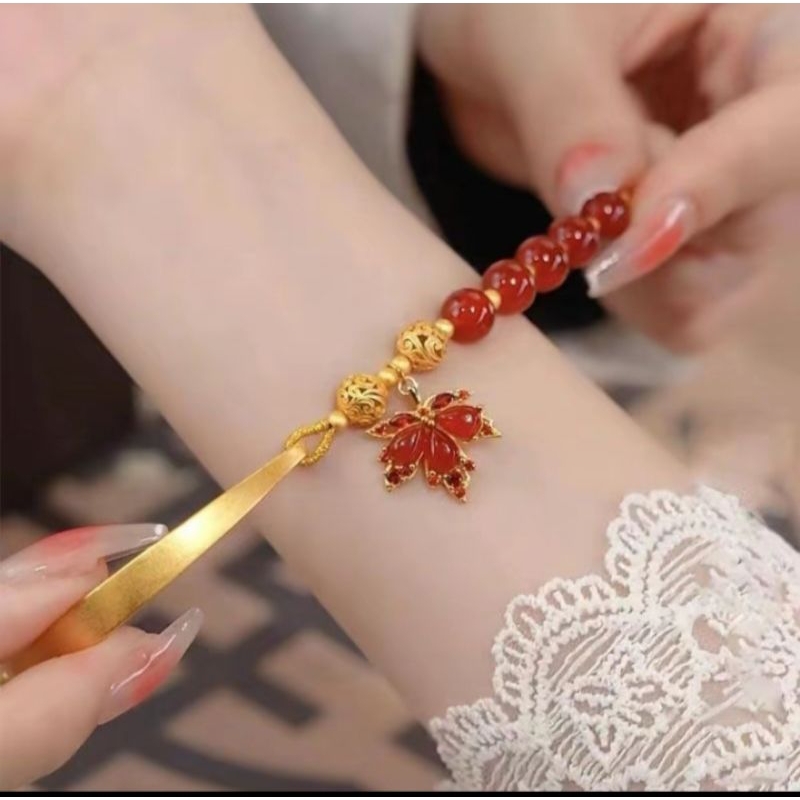 T66 Gelang giok asli daun maple merah