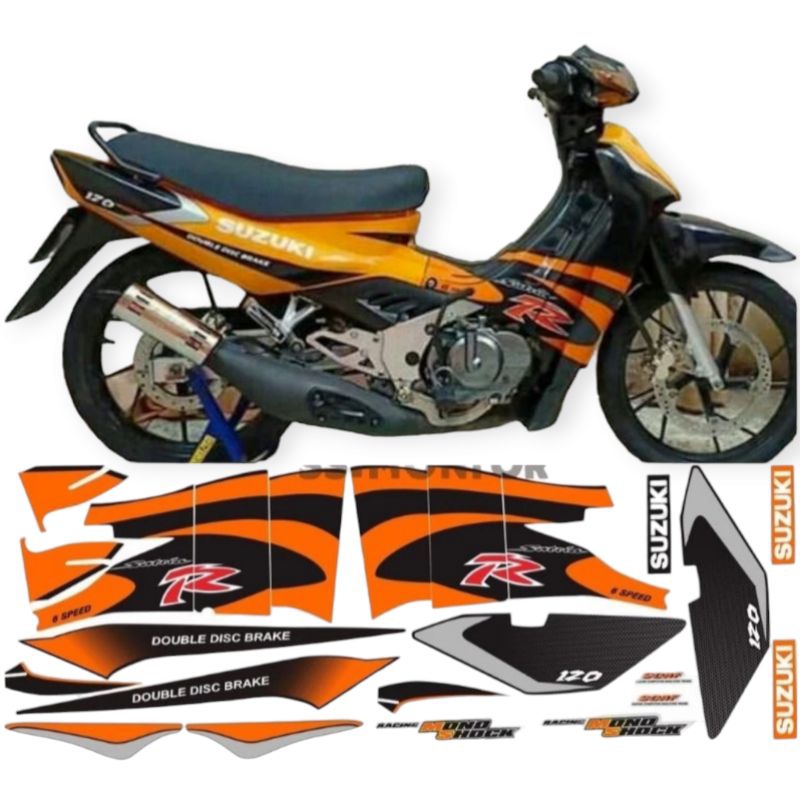 Sticker striping motor suzuki satria r 120 2002 2 tak lis satria lumba  oren putih oren hitam print 