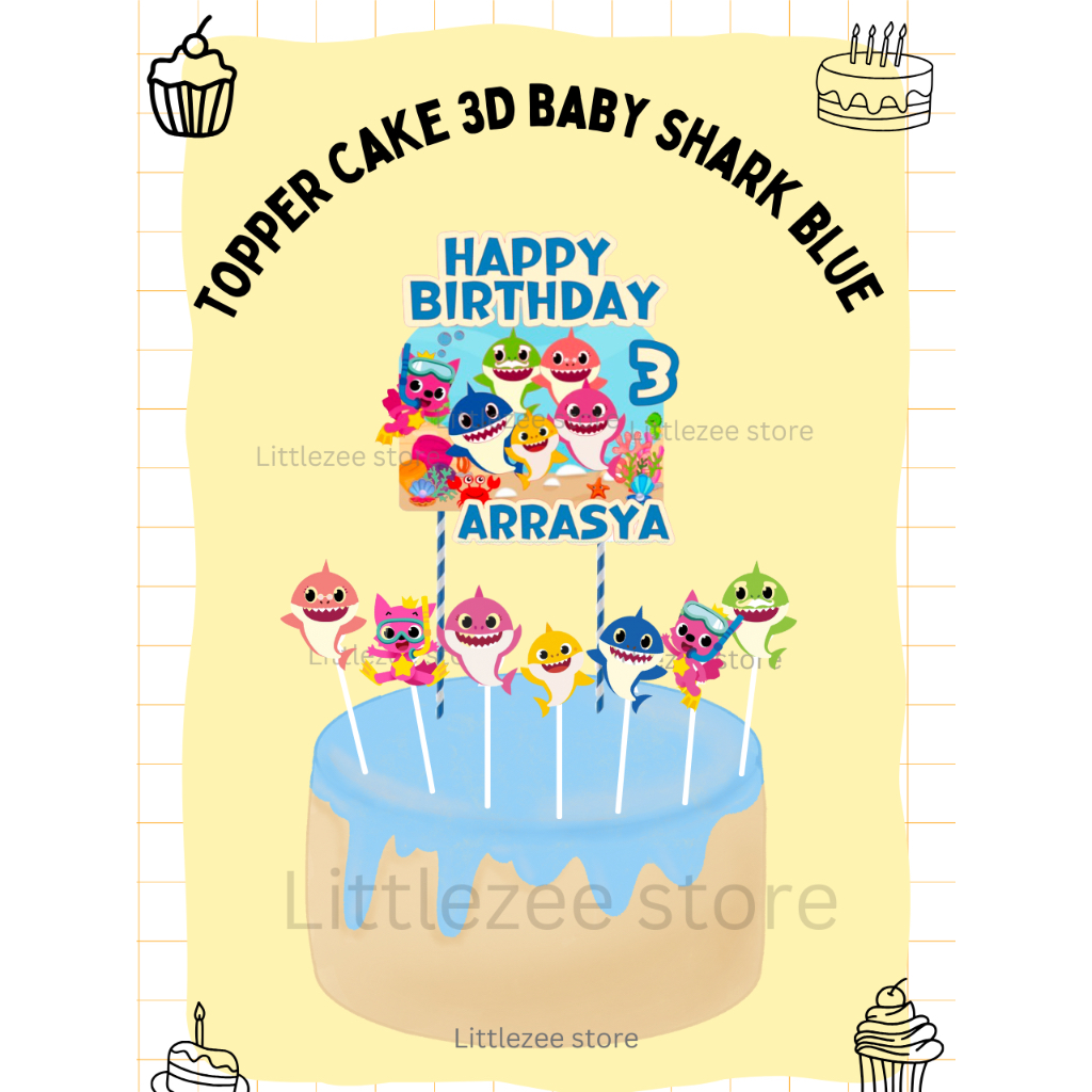 topper cake 3D baby shark / topper cake 3D tema baby shark / topper cake kertas / hiasan kue / toppe