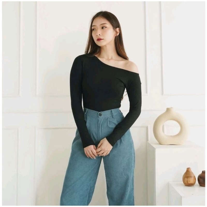 BAJU LENGAN PANJANG WANITA - SABRINA TOP ONE SHOULDER TOP - KOREAN TOP LONG SLEEVE CROP - KOREAN CRO