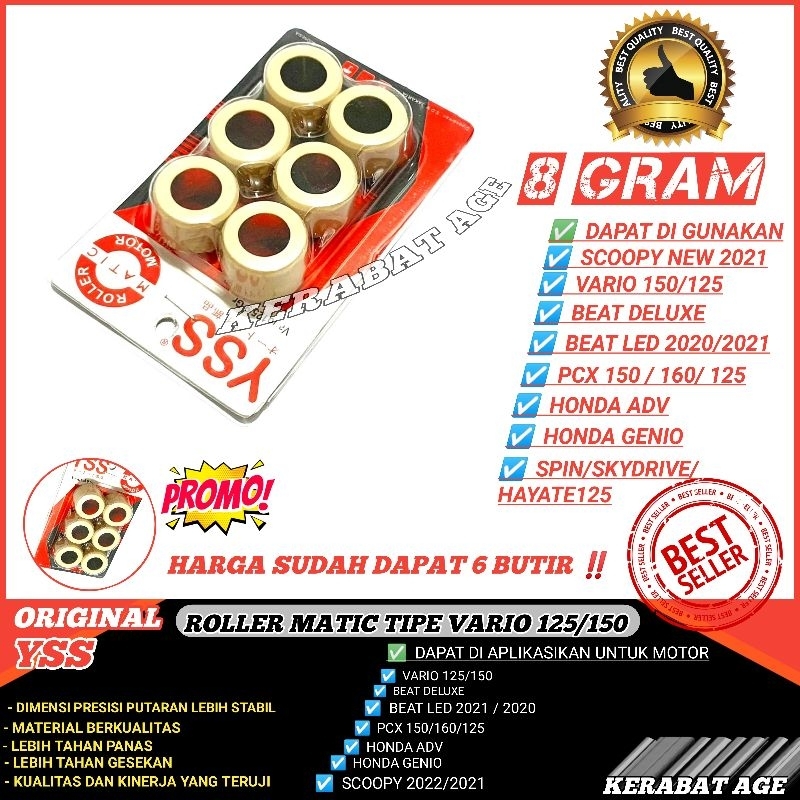YSS ROLLER ROLER HONDA BEAT DELUXE VARIO 125 150 PCX GENIO ADV 8 Gram Gr