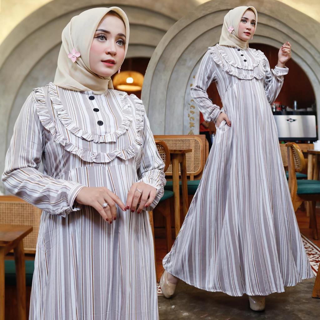 Baju Gamis Wanita Muslim Dewasa Remaja Motif Salur Kotak Garis Harian Cewek Kondangan Panjang Katun 