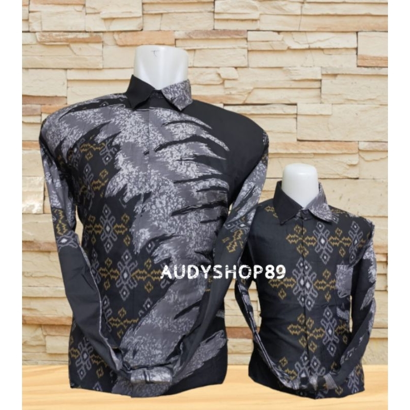 COUPLE KEMEJA BATIK AYAH DAN ANAK LAKI LAKI WARNA HITAM ABU ABU