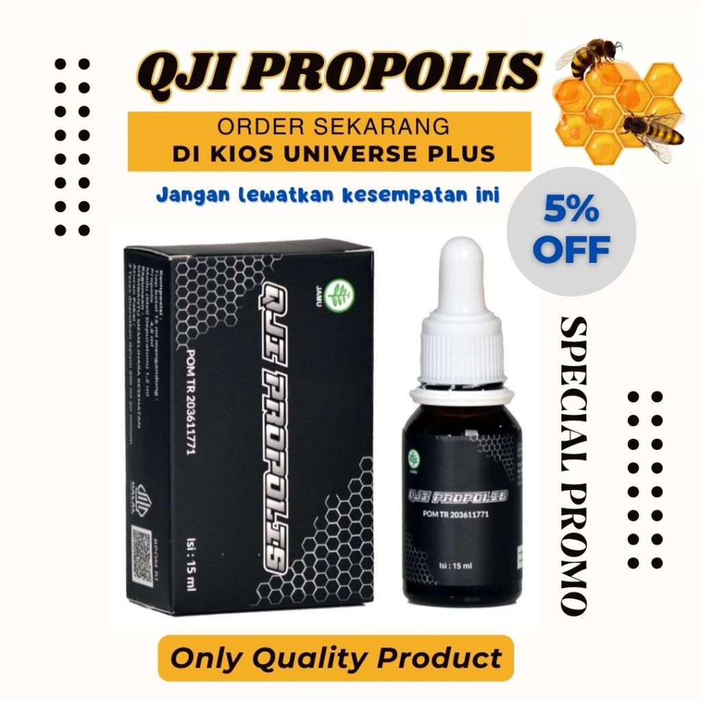 QJI Propolis by UNIVERSE Indonesia - Cairan Ekstrak Alami 15 ml. Mengendalikan Tekanan Darah, Mengon