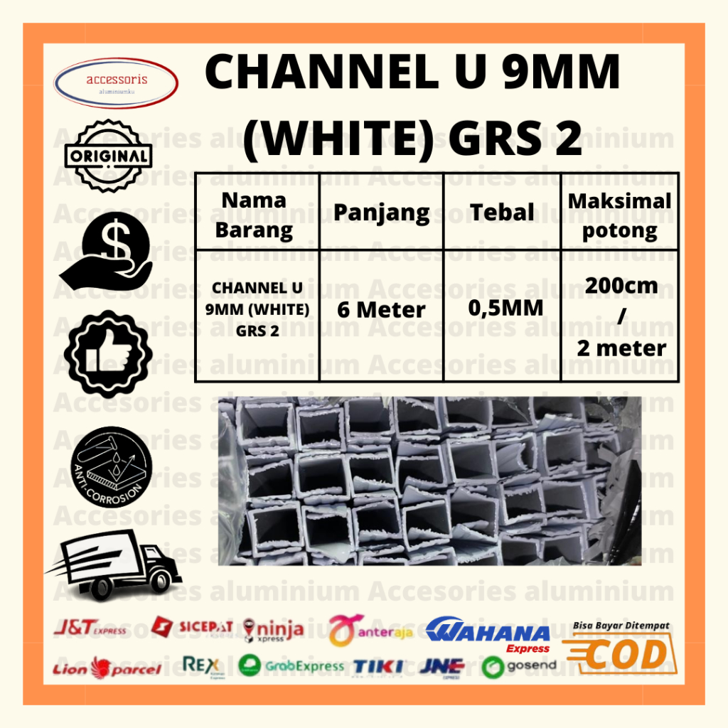 ACCAL - Channel U/ List U Alumunium 9MM GARIS Panjang 6 METER | GRATIS ONGKOS POTONG