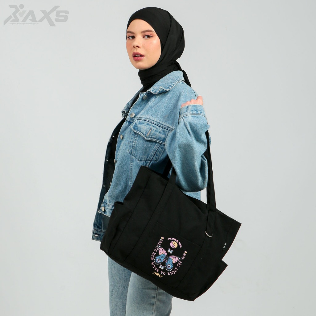 Axs Totebag Kanvas Wanita Trendy Baru Kapasitas Besar Tas Bahu Hitam Tas Pelajar Jinjing Buku Santai