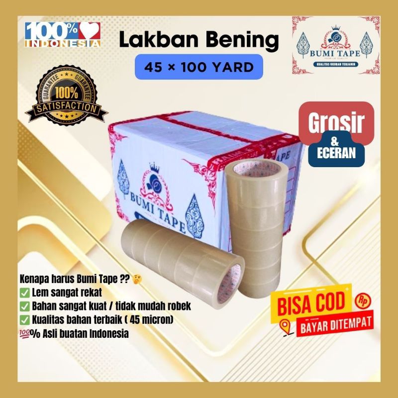 

LAKBAN TAPE BENING 45 × 100 YARD 1 DUS / 1 KARTON PACKING SOLASI ISOLASI SELOTIP SOLATIP PAKET TEBAL MURAH KUAT DISKON SIZE UKURAN TRANSPARAN MURCE ASLI ORIGINAL GRATIS ONGKIR BISA DIJUAL GROSIR ATAU ECERAN 100% INDONESIA BUMI TAPE VIRAL ANTI ROBEK