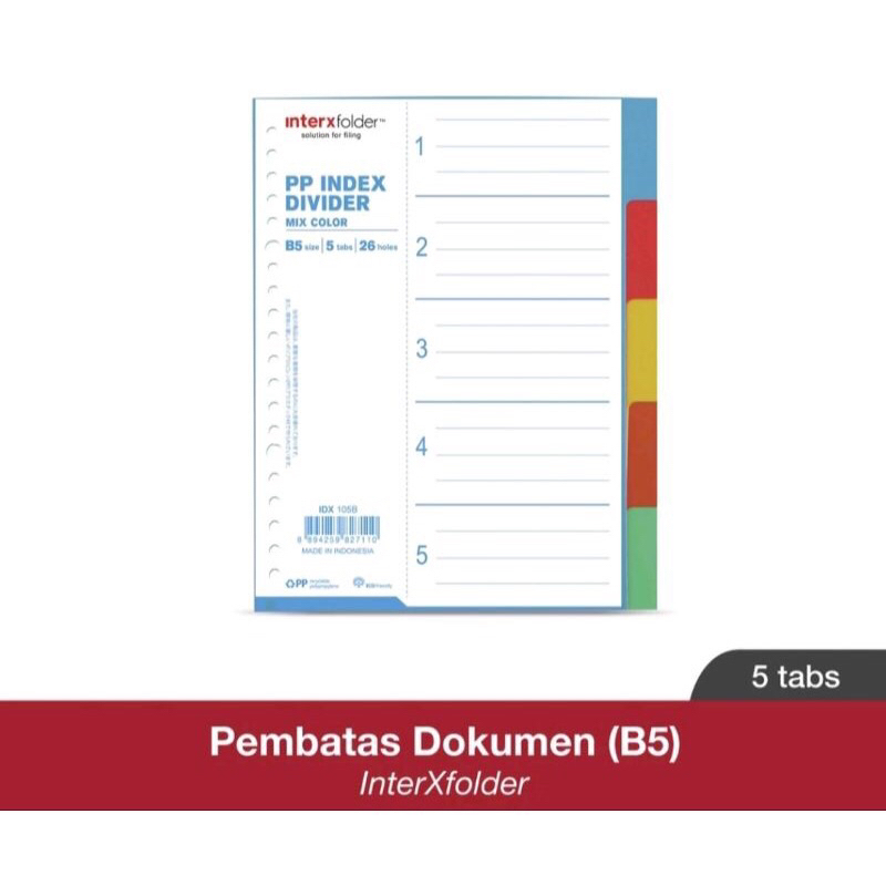 

PEMBATAS DOKUMEN/PP INDEX DIVIDER INTER-X B5 5 TABS 26 HOLES (IDX105B5)