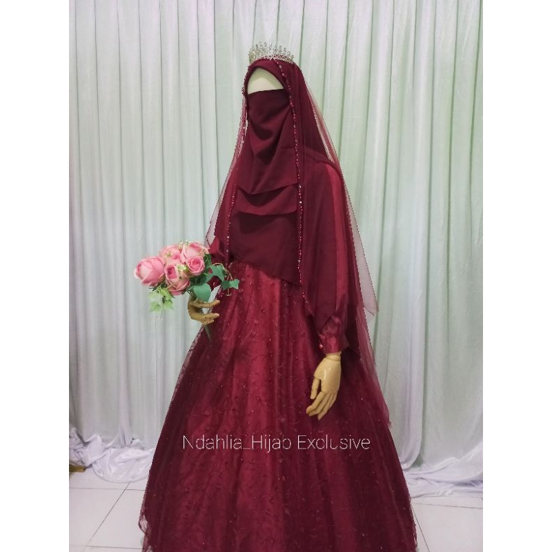 GAUN PENGANTIN SYARI BERCADAR MARUN FULL SET