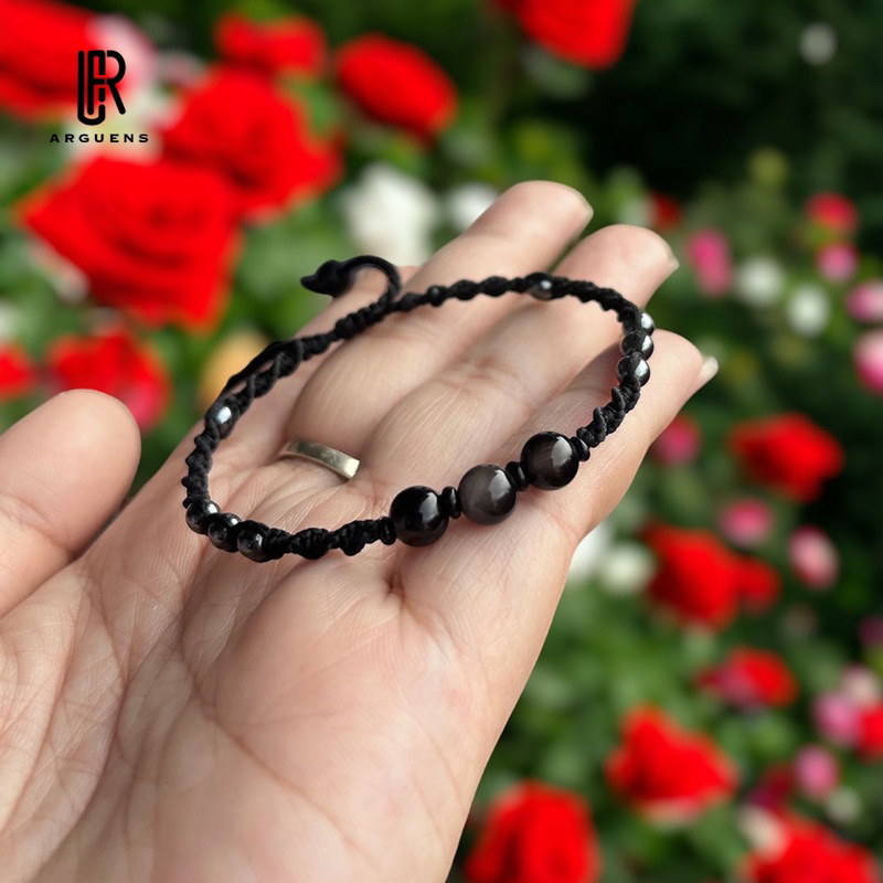 Gelang Batu Alam Natural Black obsidian - Tali Hitam Macrame