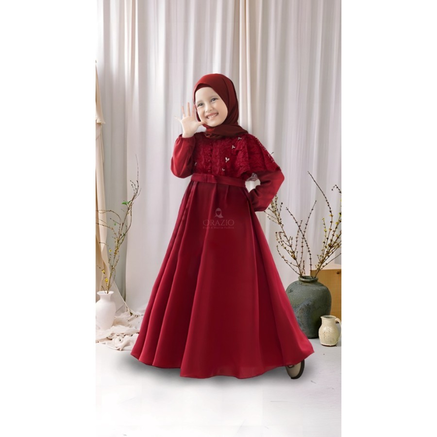 BAJU GAMIS BROKAT NADINE ANAK PEREMPUAN LEBARAN TERBARU 2025 WARNA MERAH MAROON UMUR 7 8 9 10 11 12 