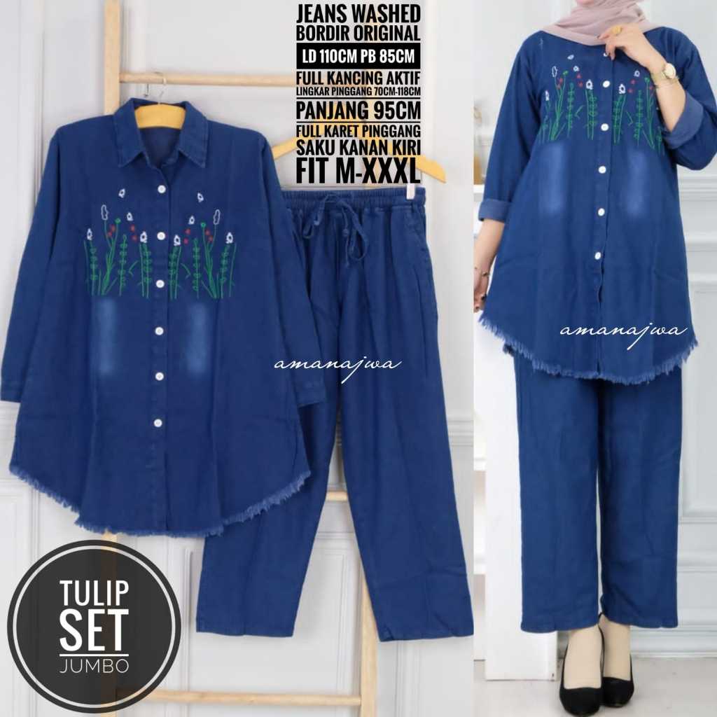 tulip setelan 1 one set oneset stelan atasan jeans washed wash jumbo besar oversize over big size ld