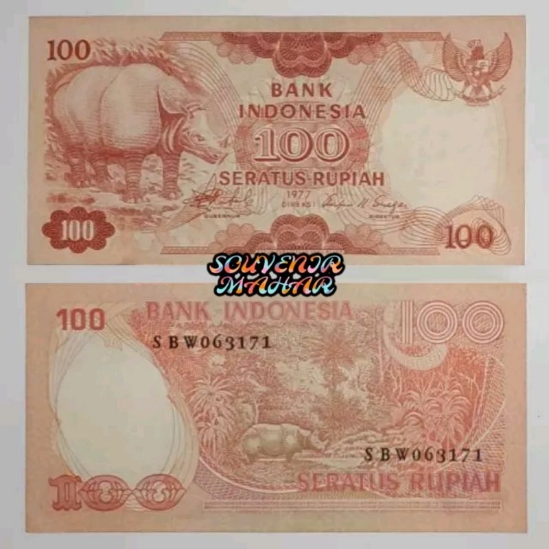 (UNC/GRESS) Uang kuno 100 rupiah badak tahun 1977 uang mahar nikah 100 rupiah seri hewan badak rp100