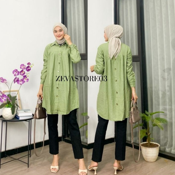 55 COD Ziva Tunik polo linen premium Kancing Depan Belakang Variasi