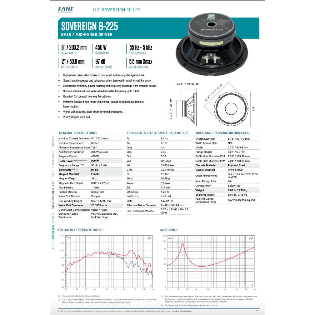 Komponen Speaker FANE 8-225 8 Inch 450W Original Resmi