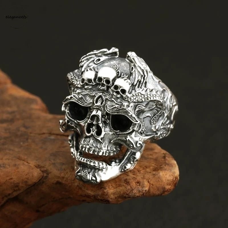 Cincin Punk Tengkorak Tanduk Naga / Skull Ring Retro Gothic Adjustable