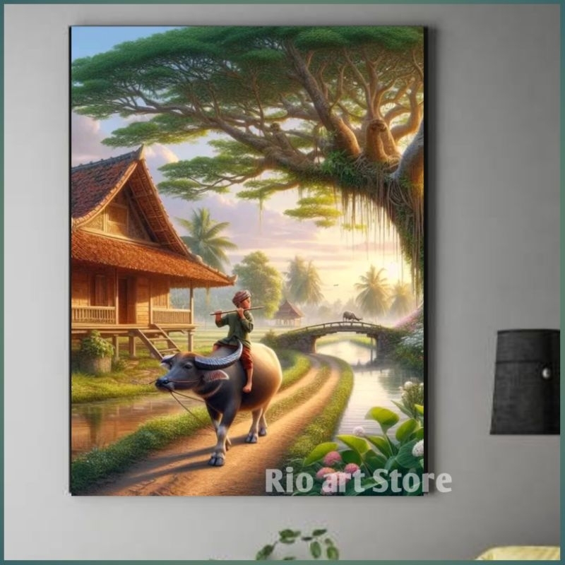 Hiasan dinding poster lukisan ai anak pengembala kerbau untuk walldekor