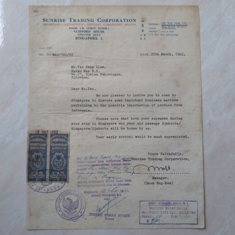 Koleksi Dok Arsip Kuno Undangan Meeting Bisnis dr Singapore 1962 - YN1158