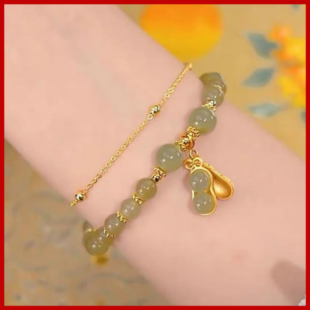 GL43 - Gelang Giok Asli Batu Kacang Titanium/Gelang Giok Kacang Wanita Berlapis Emas 18K Anti Luntur