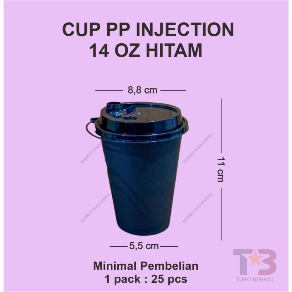 CUP PP INJECTION 14Oz 400ml isi 25 PCS HITAM MATTE/DOFF PLUS TUTUP / CUP COFFEE / CUP ES