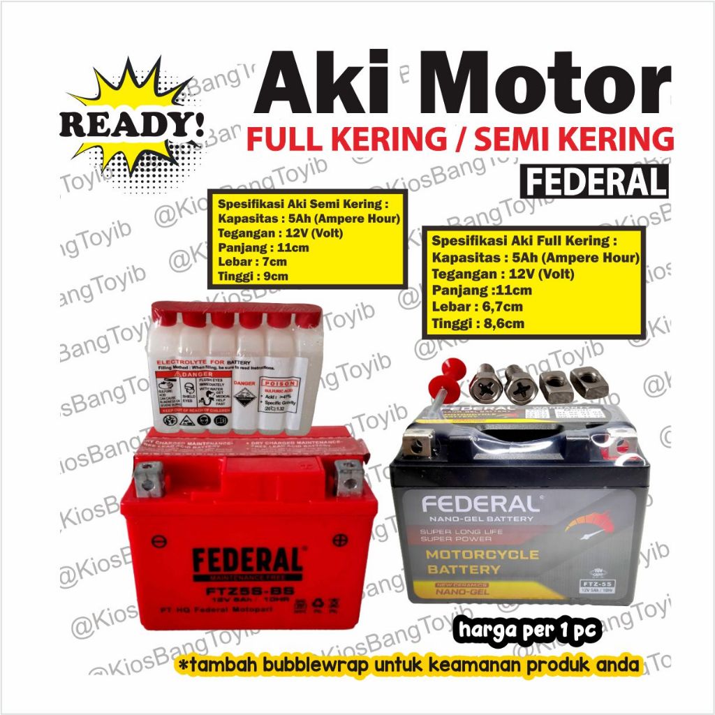 Aki Motor FEDERAL Full Kering & Semi Kering FTZ-5S 12V 5aH Beat Vario Karisma Supra Spin (LIVE)