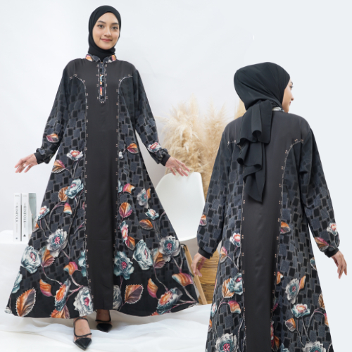 Gamis Abaya Syari Bordir Arab Turki Turkey Hitam Jetblack Viscose Wanita Mewah Busui Ibu Ibu Jumbo L