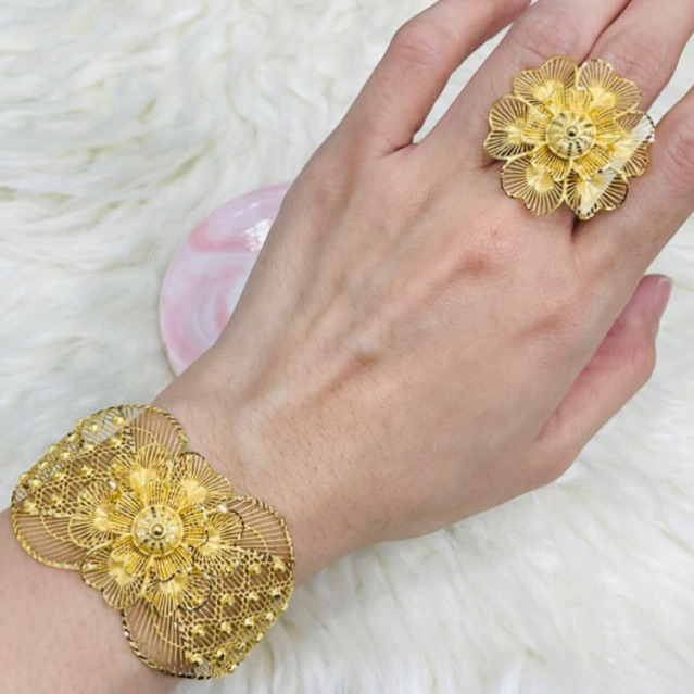 gelang plus cincin bunga kerawang mewah elegant emas asli kadar 700