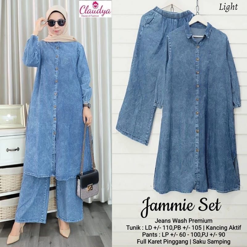 Jammie Set Baju Setelan Jeans Washed Premium Quality/One Set jeans Wanita Jumbo Ld 110 Terbaru/Set P