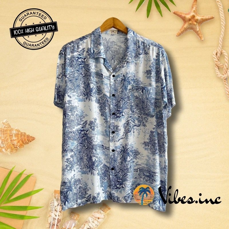 Kemeja Hawaiian Pantai Tropical Casual Harian Pria Wanita Big Size Jumbo Motif Pohon Biru Putih
