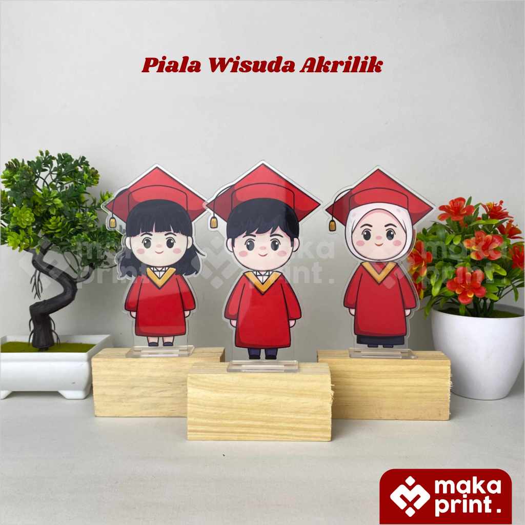 [PRINT UV] Piala Wisuda Akrilik (Sarjana Merah) 3MM Tatakan Kayu - Piala Wisuda Kampus Almamater Mer