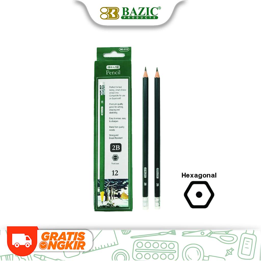 

Pensil Tulis Kayu 2B Pencil Bazic sama Penghapus Eraser Hijau isi 12