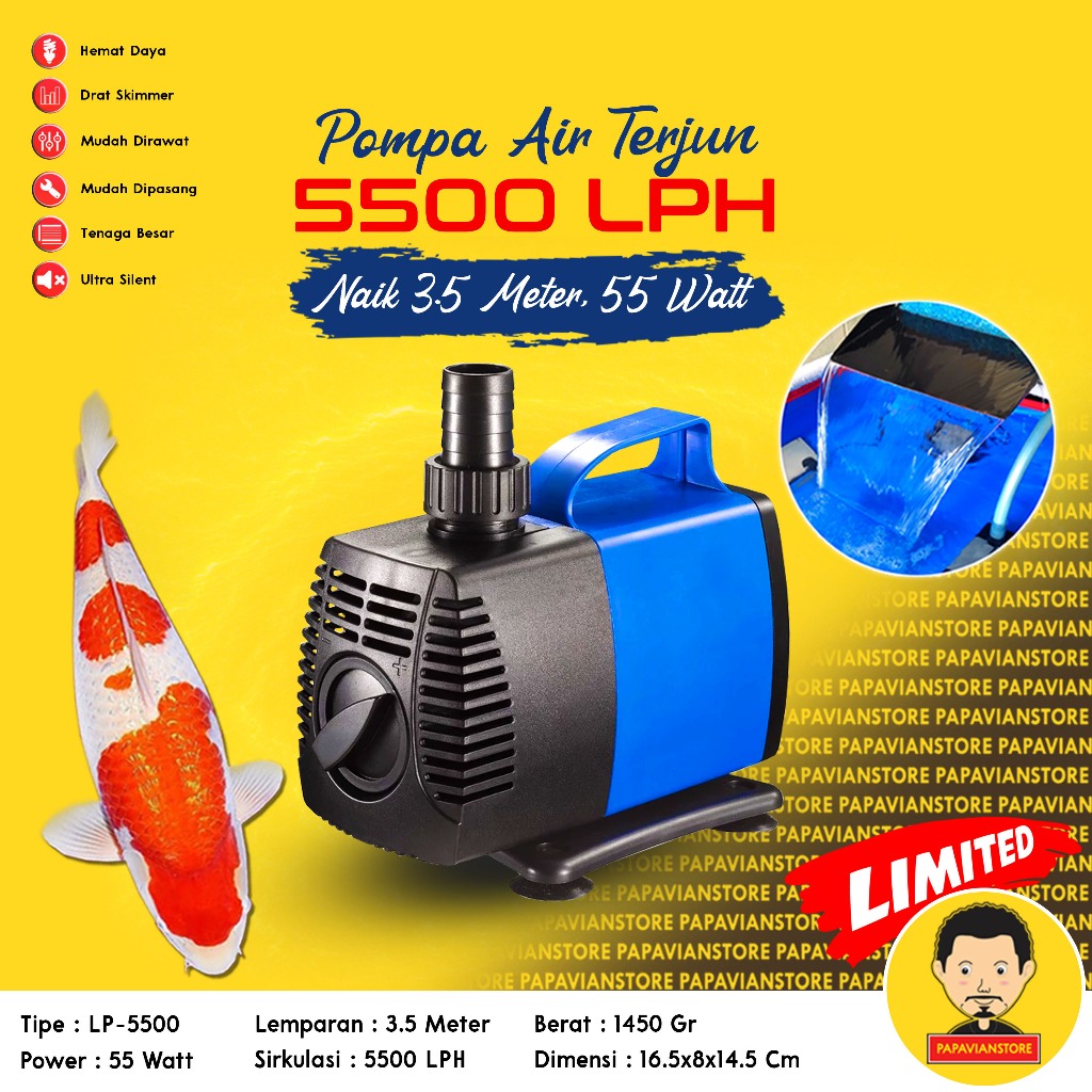 Pompa Air Celup Kolam Mesin Filter Ikan Koi 5500LPH Low 55 Watt 3,5 Meter
