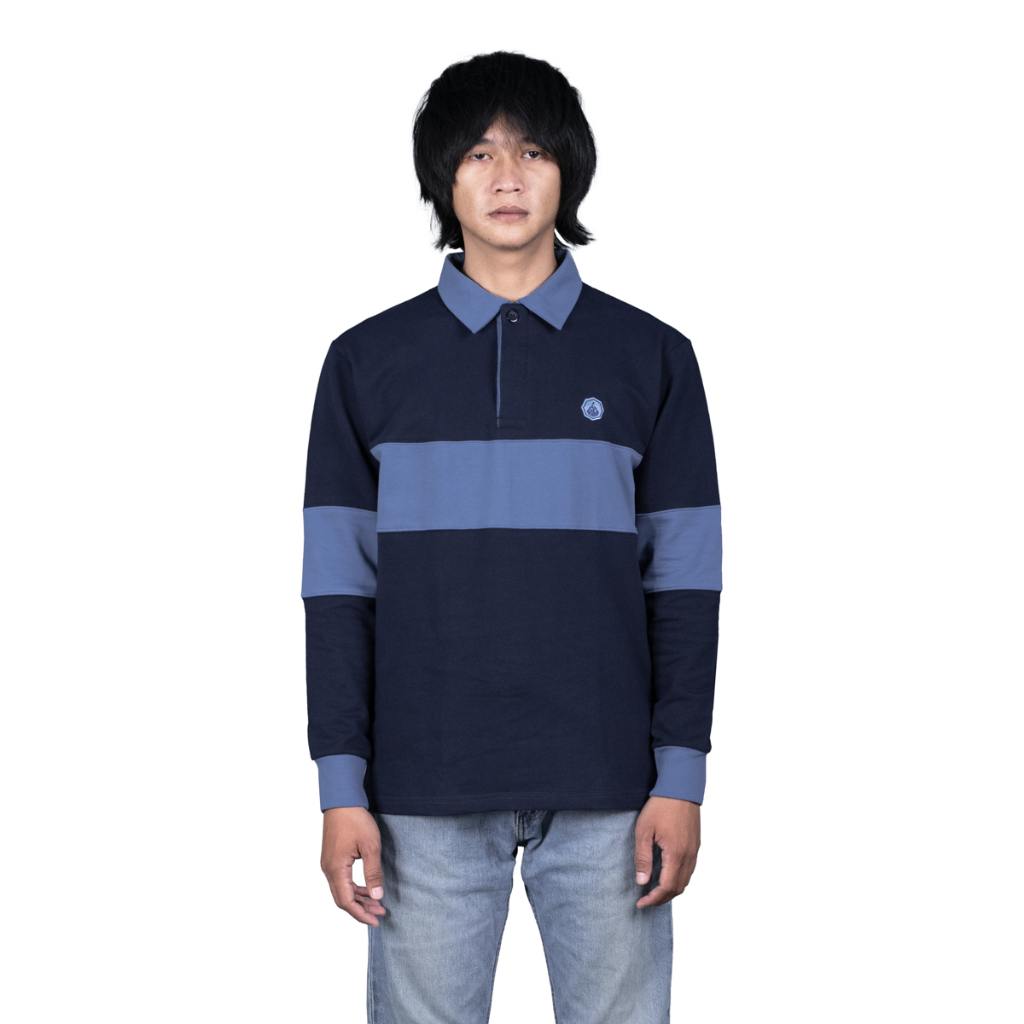 Harra Rugby Tshirt Prung Terraceswear Kaos Polo Lengan Panjang Warna Navy Motif Biru