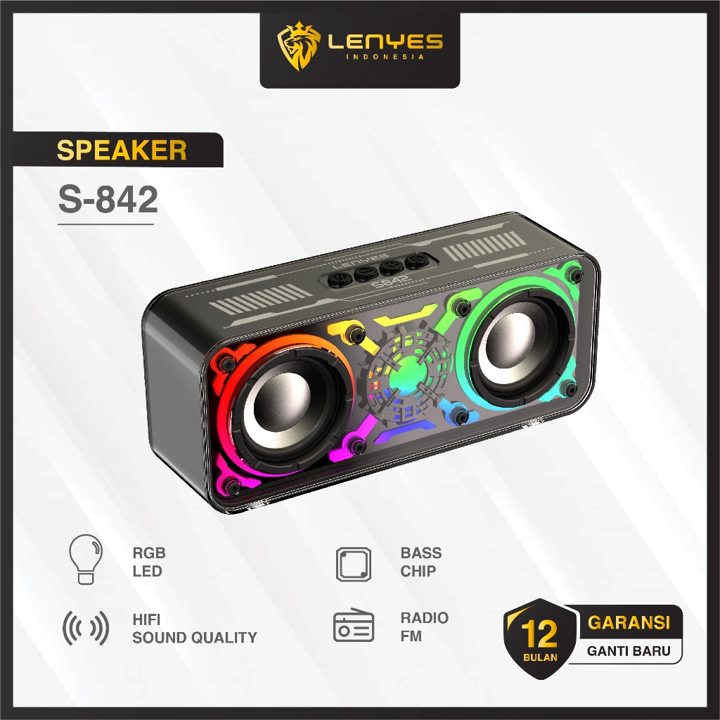 LENYES S842 18W Wireless Speaker Bluetooth 5.3 Transparan RGB LED Light TWS Portable FM Radio