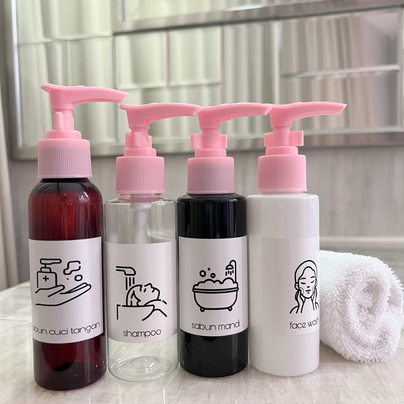 botol 100ML TRAVEL SIZE STIKER GAMBAR KECIL PUMP PINK aesthetic bottle tempat sabun cair estetik